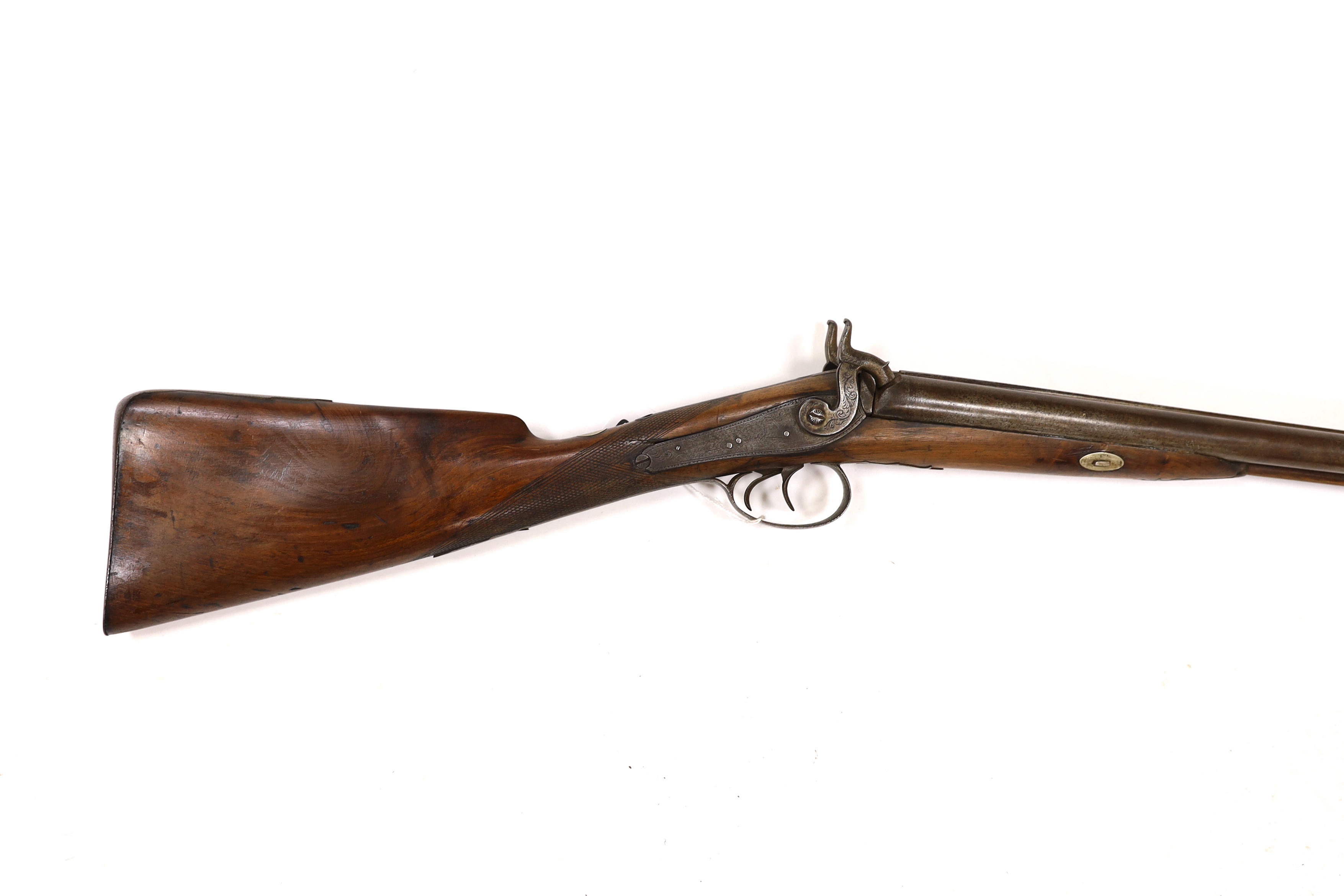 A 14 bore double-barrelled, side-by-side muzzle loading percussion shotgun, back action locks, circa 1850, barrel 77.5cm